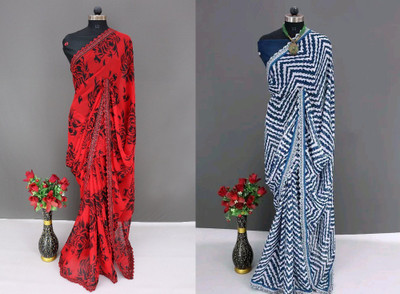 VedikaaFashion Floral Print, Geometric Print, Printed Bollywood Georgette Saree(Pack of 2, Red, Blue, White)