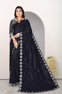 R K ENTERPRISE Embroidered Berhampuri Georgette Saree(Black)
