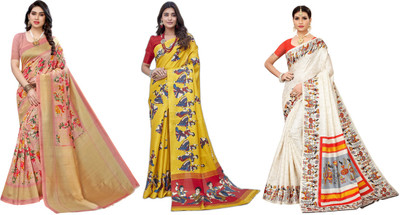 YASHIKA Printed Kalamkari Art Silk Saree(Pack of 3, Pink, Yellow, Cream)
