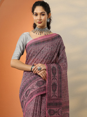 LIBAS Printed Daily Wear Silk Blend Saree(Pink, Black)