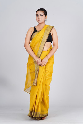 maa textile Self Design Tant Pure Cotton Saree(Yellow)