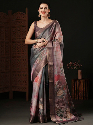ANOUK Floral Print Chinnalapattu Silk Blend Saree(Grey)