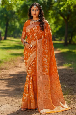 VKARAN Woven Banarasi Pure Silk Saree(Orange)