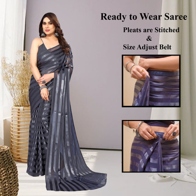 Moda Rapido Embellished, Striped Bollywood Satin Saree(Grey)