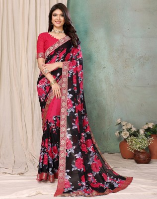 YASHIKA Printed Bandhani Georgette, Lace Saree(Pink)