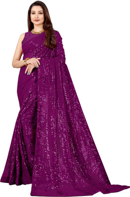 b bella creation Embellished, Embroidered Bollywood Georgette Saree(Purple)