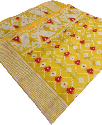 Dristikone Woven Jamdani Pure Cotton Saree(Yellow)