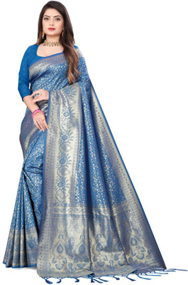 SHRET FABRICS Woven Kanjivaram Nylon Saree(Blue)