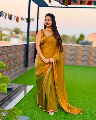 HouseOfCommon Embellished, Embroidered, Solid/Plain Bollywood Chiffon, Pure Silk Saree(Gold)