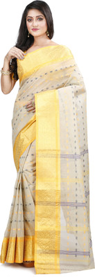 PuJoy Woven Tant Pure Cotton Saree(Gold, Grey)