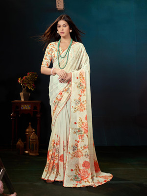 GARDEN VARELI Floral Print Bollywood Georgette Saree(Orange)