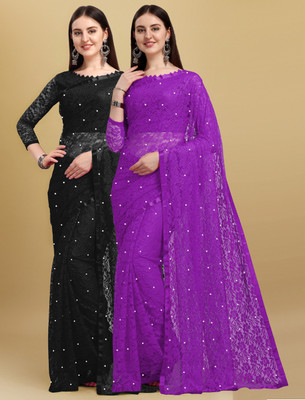 LOROFY Self Design Bollywood Net Saree(Pack of 2, Multicolor)