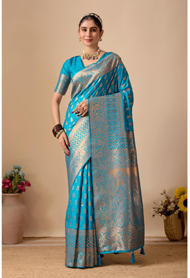 Kathavastra Dyed, Floral Print, Woven Banarasi Silk Blend Saree(Light Blue)
