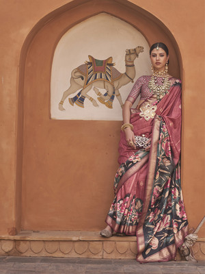 Tasrika Woven Bollywood Silk Blend Saree(Red, Brown)