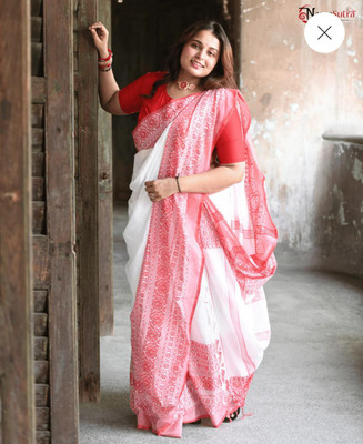 sourav biswas Self Design Handloom Pure Cotton Saree(White, Red)