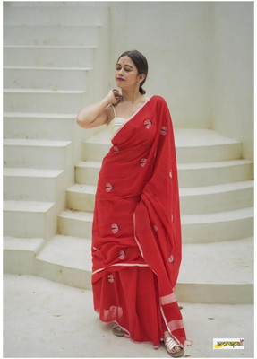 TWIRL Woven Handloom Pure Cotton Saree(Red)