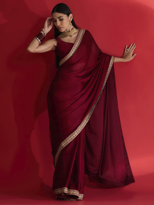 Akhilam Embellished Bollywood Satin Saree(Maroon)
