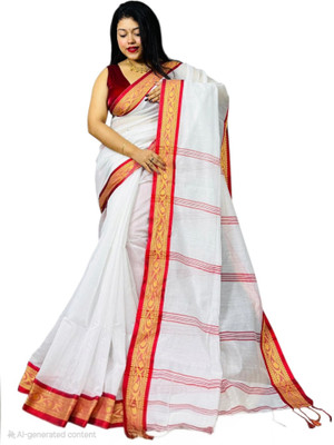 Mondal Saree Centre Striped Bollywood Cotton Silk Saree(White)