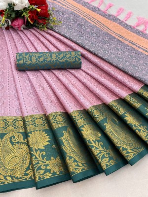 KV Fashion Woven Banarasi Cotton Silk Saree(Pink, Dark Blue)