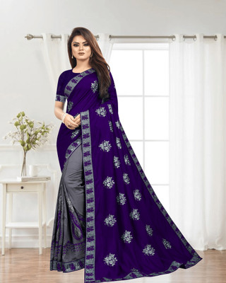SHOBHTESH Embroidered, Self Design Madhubani Silk Blend, Net Saree(Blue, Grey)