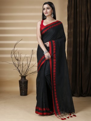 Ruuprekha Solid/Plain Handloom Cotton Blend Saree(Black)