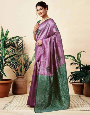 Falessa Woven Banarasi Silk Blend Saree(Purple, Dark Green)