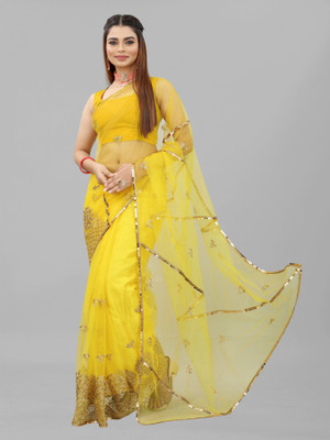 Yashvi Designer Embroidered Bollywood Net Saree(Yellow)