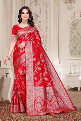 A-MORE TEXTILES Woven Banarasi Pure Silk Saree(Red)