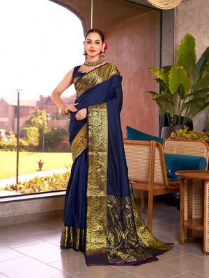 Yogik Creation Floral Print Banarasi Silk Blend Saree(Blue)