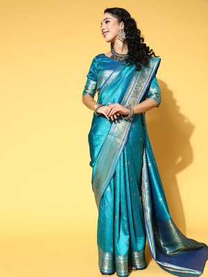 Divastri Floral Print Banarasi Silk Blend Saree(Blue)