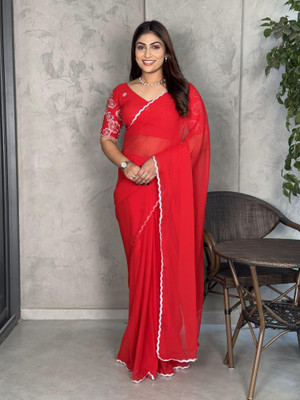 PATTARI Solid/Plain Bollywood Georgette Saree(Red)