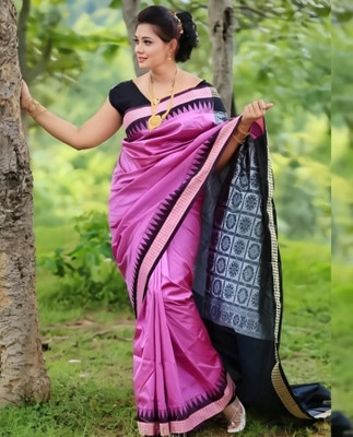 Afronza Temple Border, Solid/Plain, Dyed Sambalpuri Cotton Linen, Art Silk Saree(Pink, Black)