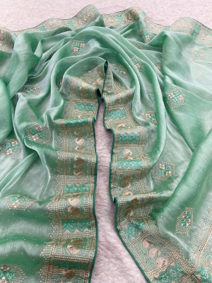 KanjiQueen Self Design, Embroidered Banarasi Pure Silk, Organza Saree(Light Green, Cream)