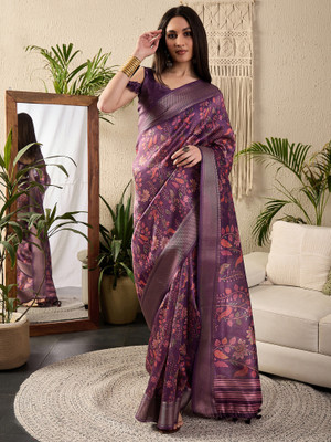 Sareemall Digital Print Chinnalapattu Silk Blend Saree(Purple)