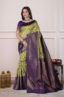 ROOP LAVANYA Printed Kanjivaram Cotton Silk, Jacquard Saree(Light Green, Purple)