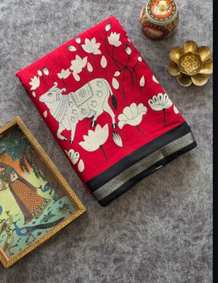 srikastbhanjan Printed, Animal Print, Floral Print, Temple Border Bollywood Cotton Silk Saree(Black)