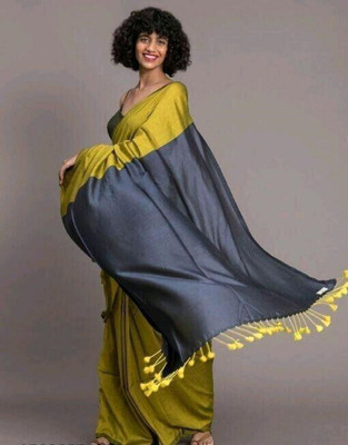 BongAp Solid/Plain Handloom Cotton Blend Saree(Multicolor)