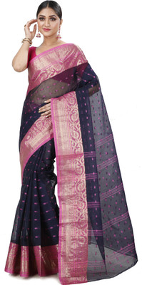 DipDiya Woven Tant Pure Cotton Saree(Dark Blue)
