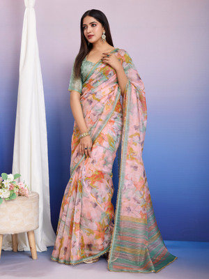 Tasrika Floral Print, Printed Bollywood Organza Saree(Pink)