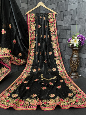 Mikhushop Embroidered Bollywood Satin, Brasso Saree(Black)