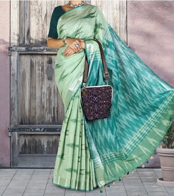 Manikant Handloom Self Design Ikkat Cotton Blend Saree(Light Green)