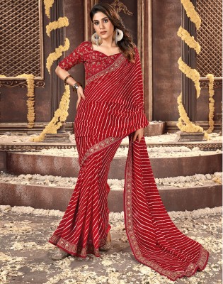 Satrani Printed, Embroidered, Embellished Bollywood Georgette Saree(Red, White)
