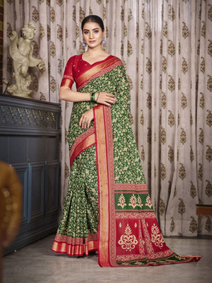 all about you Printed Daily Wear Silk Blend Saree(Green)