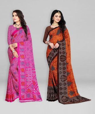 Leelavati Printed Bandhani Georgette Saree(Pack of 2, Pink, Orange)