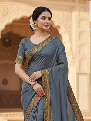Anugrah Textile Embroidered Banarasi Lycra Blend, Chiffon Saree(Grey)