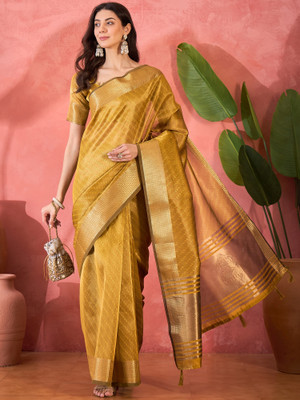 Sangria Self Design Saree with Attached Blouse Organza Saree(Yellow)
