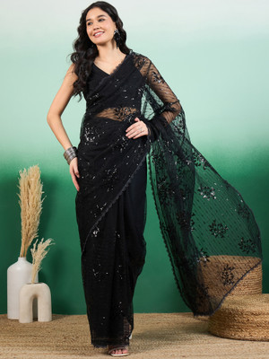 Sangria Embroidered Daily Wear Net Saree(Black)