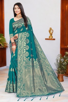 ALMEDA Embellished Kanjivaram Silk Blend Saree(Green)