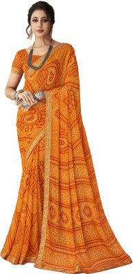 INDONIQ Graphic Print, Printed Bandhani Chiffon, Georgette Saree(Orange)