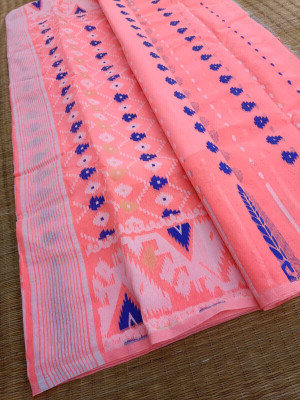 Dristikone Woven Jamdani Pure Cotton Saree(Pink)